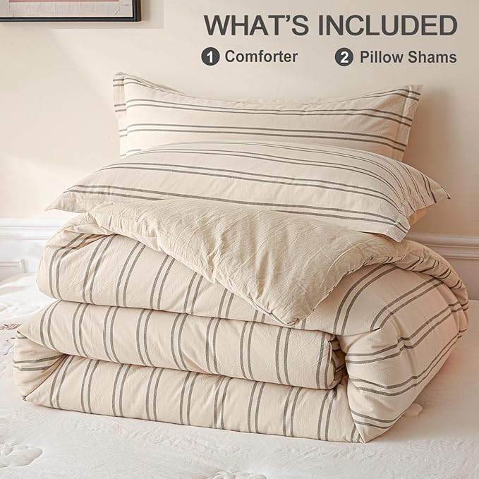 Cyusri Cotton Stripe Queen Comforter Set - Soft Lightweight Bedding 3 Pieces Dyed Bed Set with 2 Pillow Shams,Reversible All Season Farmhouse Down Alternative(Queen Size 90"x90" Beige)