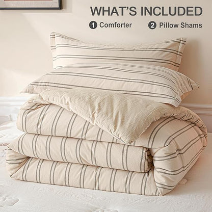 Cyusri Cotton Stripe Queen Comforter Set - Soft Lightweight Bedding 3 Pieces Dyed Bed Set with 2 Pillow Shams,Reversible All Season Farmhouse Down Alternative(Queen Size 90"x90" Beige)
