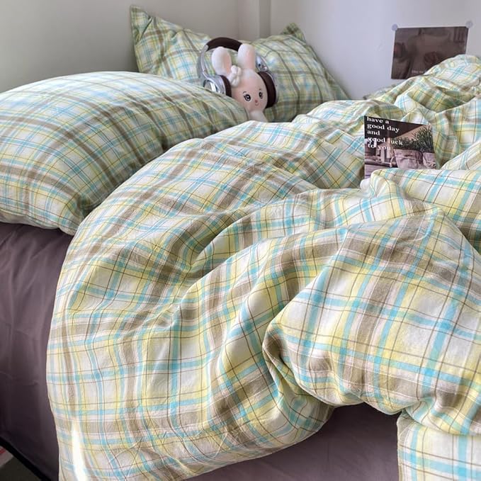 EAVD Multicolor Buffalo Plaid Duvet Cover Queen Soft 100% Washed Cotton Reversible Grid Checkered Plaid Bedding Set Vintage Gingham Duvet Cover with 2 Pillowcases Modern Checkered Bedding Set