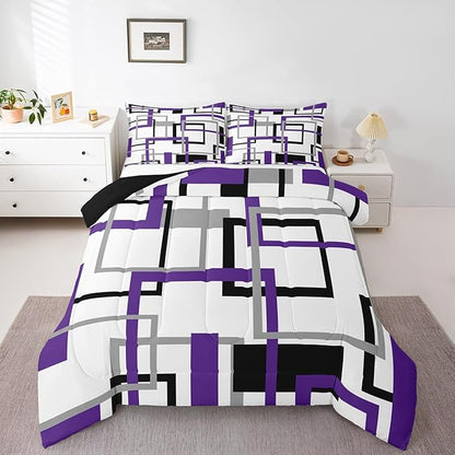 Erosebridal Purple Grey Black Square Bedding Set for Kids Boys Girls,Geometric Comforter Set Full,Abstract Grid Pattern Down Comforter,Modern Abstract Art Quilted Duvet with 2 Pillowcases