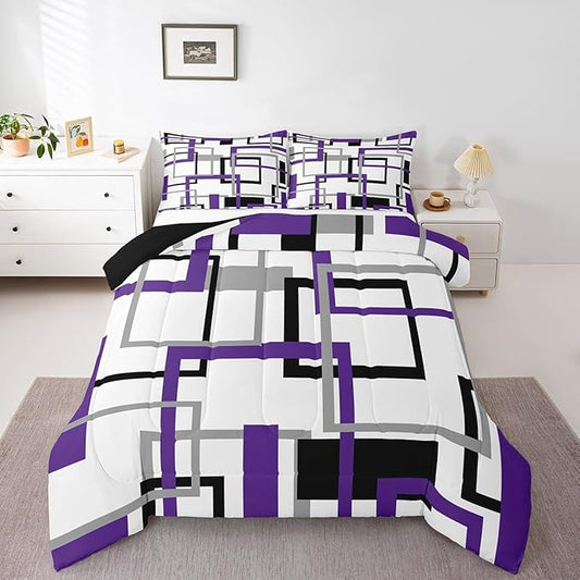 Erosebridal Purple Grey Black Square Bedding Set for Kids Boys Girls,Geometric Comforter Set Twin,Abstract Grid Pattern Down Comforter,Modern Abstract Art Quilted Duvet with 1 Pillowcase