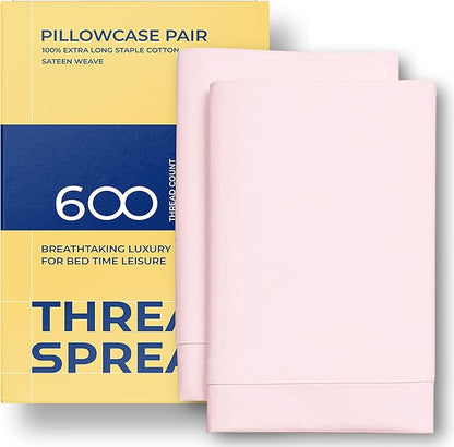 Thread Spread 100% Egyptian Cotton King Size Pillow Cases Set of 2 - Luxury 600 Series Bliss Collection Pillow Cases King Size (Blush), Soft Cooling Hotel Cotton Pillowcases, Sateen Finish