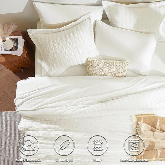 CozyLux Queen Comforter Set Ivory Seersucker 7 Pieces Bed in a Bag Queen Comforter Set with Sheets, Luxury Soft Bedding Sets with Down Alternative Comforter, Sheets, Pillowcases & Shams for All Season