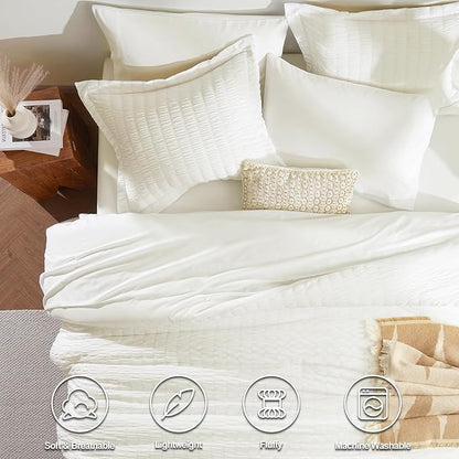 CozyLux Full Size Comforter Sets with Sheets 7 Pieces, Ivory Seersucker Bed in a Bag Textured Luxury Soft Bedding Sets with Down Alternative Comforter, Sheets, Pillowcases & Shams for All Season