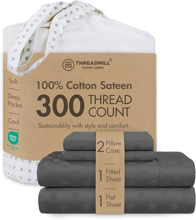 Threadmill Cotton Queen Sheet Set | 100% Cotton Sheets for Queen Size Bed | Damask Jacquard Queen Bed Sheets Set with 16” Deep Pocket | Soft Sateen Weave 4-Piece Cooling Bedding Set | Dark Grey