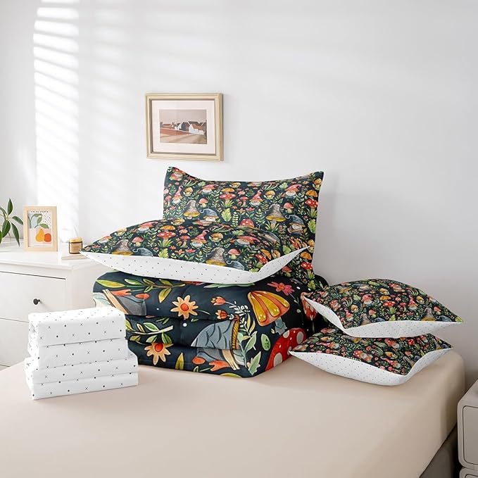 Mushroom Gnome Comforter Set Bed in a Bag 7 Pieces Full,Botanical Leaves Bedding Set for Girls Teens Kids,Colorful Mushroom Plants (Comforter+Fitted+Flat Sheet+2 Pillowcases+2 Throw Pillow Covers)
