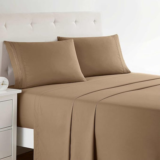 Clara Clark 1800 Premier Series 4pc Bed Sheet Set - King, Mocha Light Brown Carmel