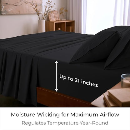 Mellanni King Sheet Set - 6-Piece Iconic Collection Bedding, (Including 4 Pillowcases), 21-Inch Extra Deep Pocket, Easy Care, Ultra Soft, Cooling Sheets, Brushed Microfiber - Black