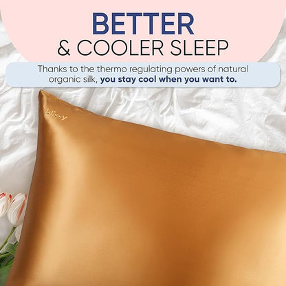 Blissy Silk Pillowcase - 100% Pure Mulberry Silk - 22 Momme 6A High-Grade Fibers - Silk Pillow Cover for Hair & Skin - Regular, Queen & King (Gold, King)