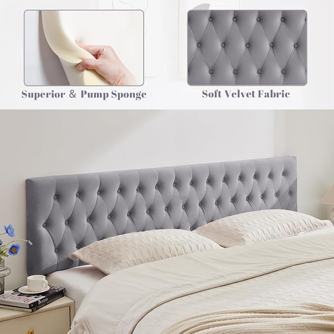 Tufted Upholstered Queen Size Bed Headboard in Modern Button Design, Adjustable Solid Wood Head Board, Premium Velvet Fabric Padded Headboards in Bedroom (Gray, Queen)