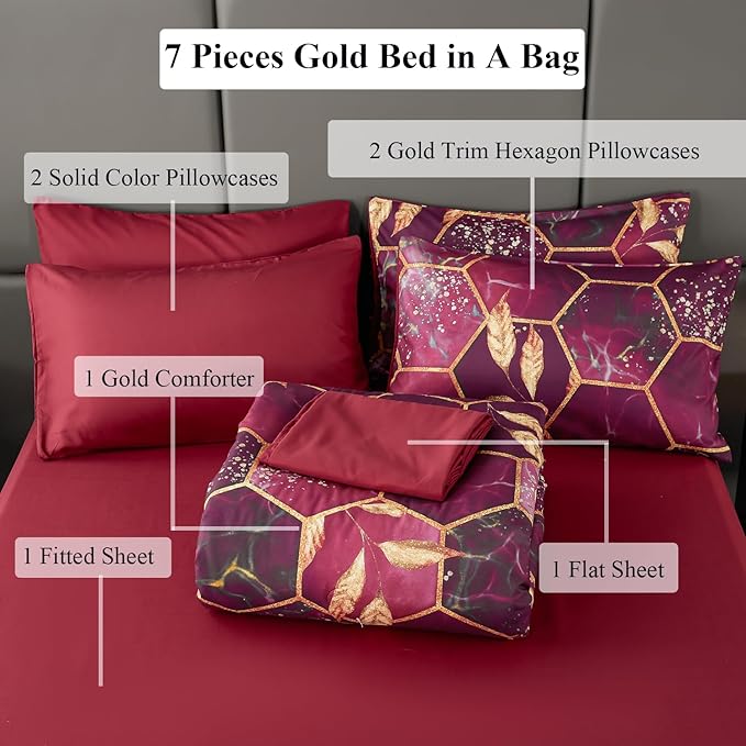 ANGIYUIN 7Pcs Bed-in-A-Bag Burgundy Gold Honeycomb King Size Comforter Sets, 3D Geometric Hexagon Bedding Gold Trim Bed Comforter Sets, Watercolor Foil Print Bed Sets with Sheets (Burgundy, King)