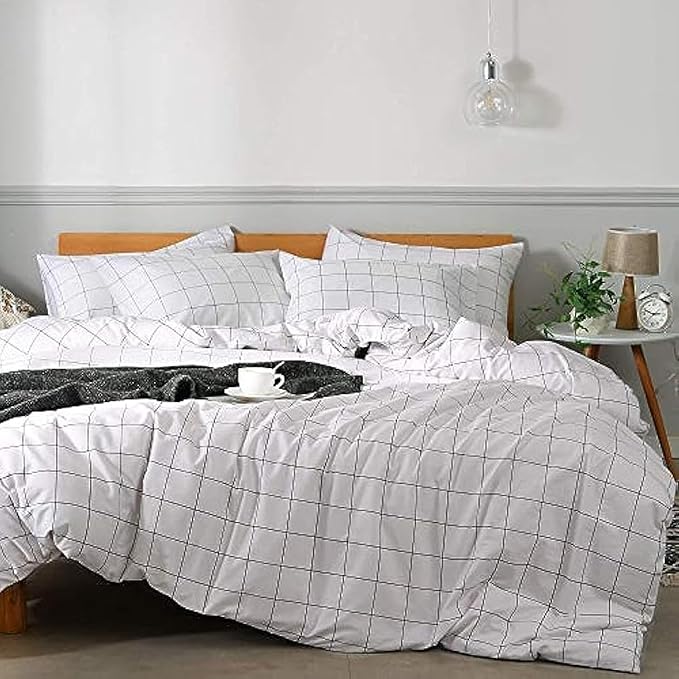 JELLYMONI 100% Natural Cotton 2pcs Plaid Duvet Cover Sets,White with Black Grid Geometric Pattern Printed Comforter Cover,with Zipper Closure & Corner Ties(Twin 66×92)