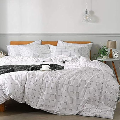 JELLYMONI 100% Natural Cotton 2pcs Plaid Duvet Cover Sets,White with Black Grid Geometric Pattern Printed Comforter Cover,with Zipper Closure & Corner Ties(Twin 66×92)