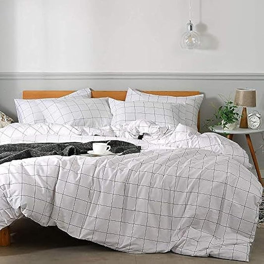 JELLYMONI 100% Natural Cotton 2pcs Plaid Duvet Cover Sets,White with Black Grid Geometric Pattern Printed Comforter Cover,with Zipper Closure & Corner Ties(Twin 66×92)