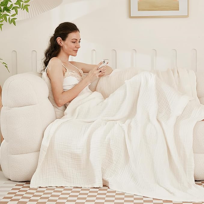 EMME Cotton Muslin Throw Blanket for Couch Breathable Gauze Soft Lightweight Blankets for Adults (White,50"x60")