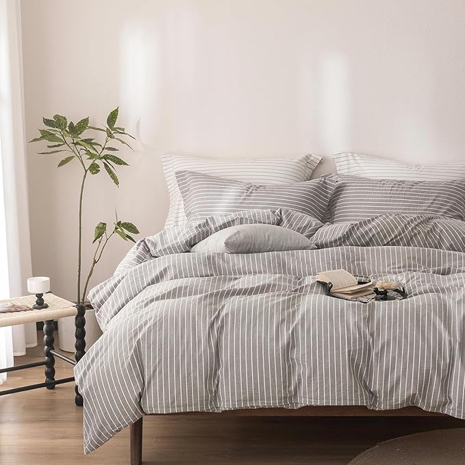 Stripe Duvet Cover Super King Size 108inch x 98inch, 100% Washed Cotton Linen Feel Duvet Cover with Zipper Closure and 2 Pillowcases, Color of Grey-White Stripe