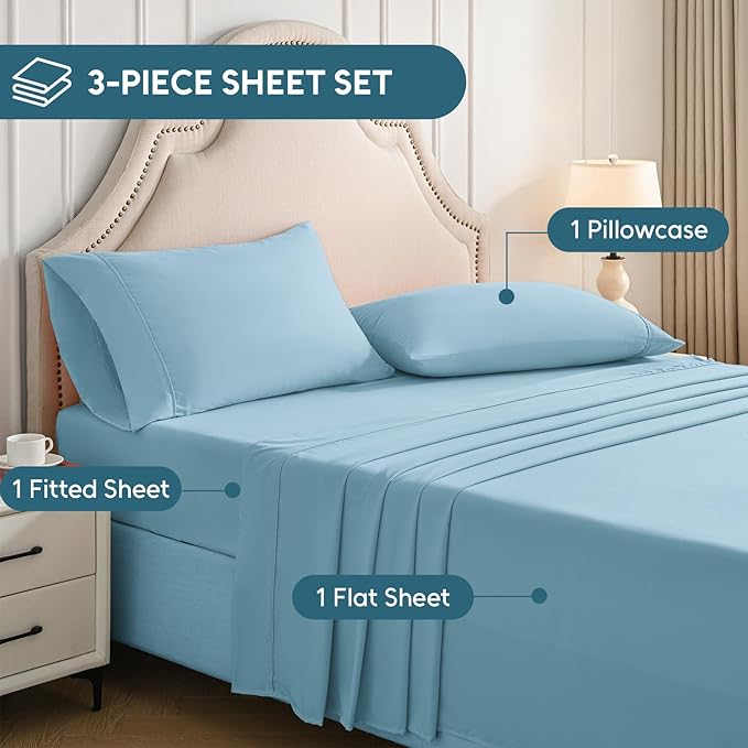 Twin Sheets Set, 3 Pieces Hotel Luxury Soft Microfiber Bed Sheets Set, Up to 16" Deep Pockets, Oeko-Tex Sheets with Elastic, Breathable, Wrinkle Free (Sky Blue, Twin)