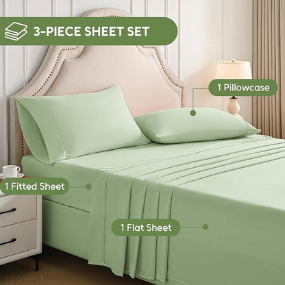 Twin Sheets Set, 3 Pieces Hotel Luxury Soft Microfiber Bed Sheets Set, Up to 16" Deep Pockets, Oeko-Tex Sheets with Elastic, Breathable, Wrinkle Free (Sage, Twin)