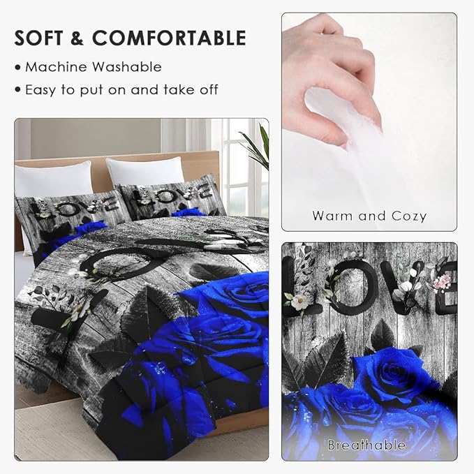 Comforter Set King Size with 2 Pillowcases, Summer Vintage Woodboard 3 Pcs Bedding for Kids and Adults, Dark Blue Rose Flower Soft Comforter Set for Bedroom Bed Decor