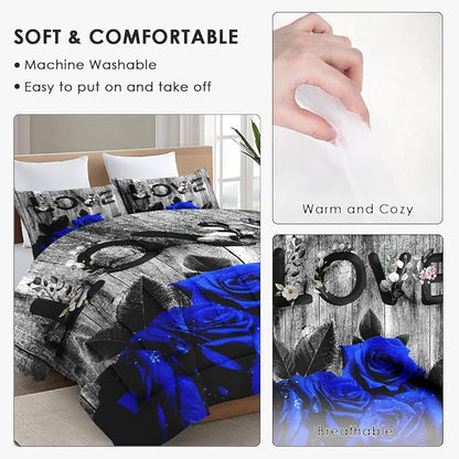 Twin Size Comforter Set with Pillowcase, Dark Blue Rose Flower 2 Pcs Bedding for Kids and Adults, Summer Vintage Woodboard Soft Comforter Set for Bedroom Bed Decor