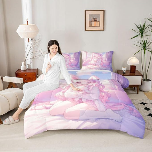 Erosebridal Romance Girly Comforter Set for Kids Boys Girls Anime Girl Bedding Japanese Girl Duvet Set Cute Cartoon Bear Comforter Full with 2 Pillowcases