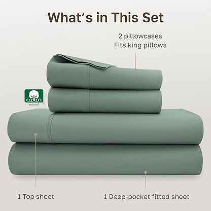 California Design Den 400 Thread Count, Natural 100% Cotton Sheets Sateen, Soft King Bed Sheets Set, Deep Pockets with All-Around Elastic for a Snug Fit, Durable Bedding Set - Sage Green
