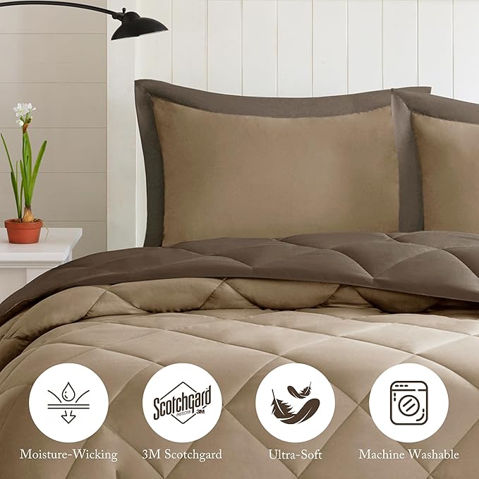 Madison Park Essentials Larksppur Reversible Down Alternative 3M Scotchard Comforter Mini Set, Full/ Queen, Brown/ Sand