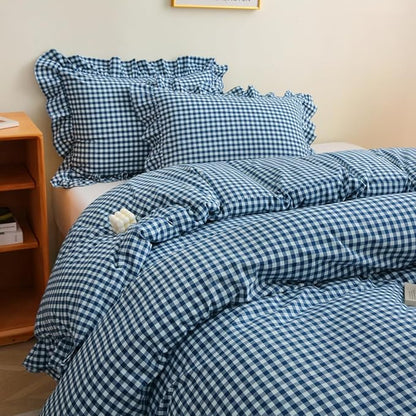 Navy Blue/White Plaid Ruffle 3-Piece Duvet Cover Set Full Size,Washed Cotton Shabby Gingham Checkered Bedding Set Vintage Comforter Set
