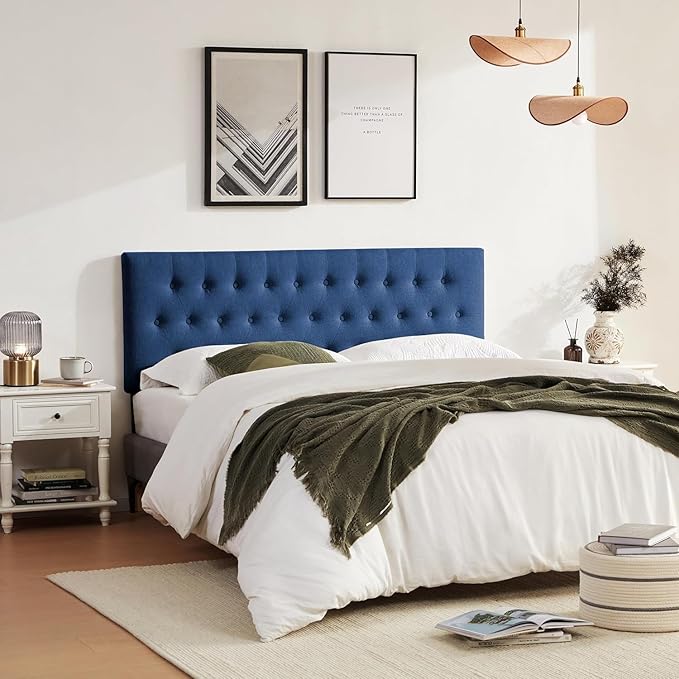 Upholstered Headboard California King, Adjustable Height 37''- 51'', Blue | Sturdy Durable Solid Wood Bed Headboard, Tufted Fabric California King Headboard, Modern Button Diamond Design Head Board