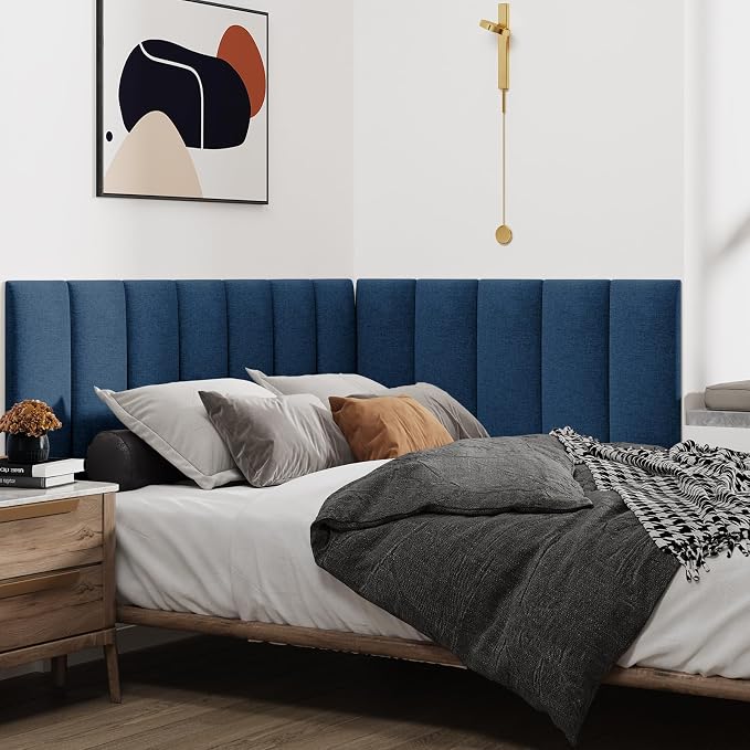IFNOW Wall Mounted Headboard, Peel and Stick Panels, Navy Blue, Queen | 3D Soundproof Acoustic Padding, Reusable and Removable Tufted fabric Bed Headboard for bedroom (9 Panels, 10" x 24")