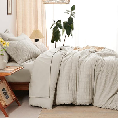 CozyLux Twin Comforter Set with Sheets 5 Pieces, Beige Seersucker Textured Bed in a Bag for Bedroom, Luxury Soft Bedding Sets with Down Alternative Comforter, Sheets, Pillowcase & Sham for All Seasons