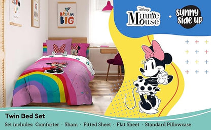 Sunny Side Up Disney Minnie Mouse Twin Comforter Set â€“ 5 Piece Kids Bedding Includes Comforter, Sheets & Pillow Cover â€“ Super Soft Rainbow Dots Microfiber Bed Set