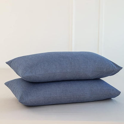 MooMee Bedding Pillowcases Pack of 2 100% Washed Cotton Linen Like Textured Breathable Durable Soft Comfy (Heathered Blue, King)