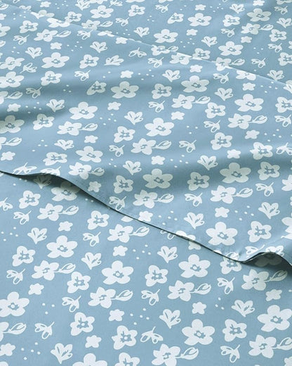 Floral Sheets - Blue Floral Bed Sheet Set - 1 Flat, 1 Fitted & 1 Pillowcase w/ Deep Pockets - Comfy, Wrinkle & Fade Free - Boho Botanical Bedding - Ultra-Soft, Breathable and Cooling - Twin Size Set