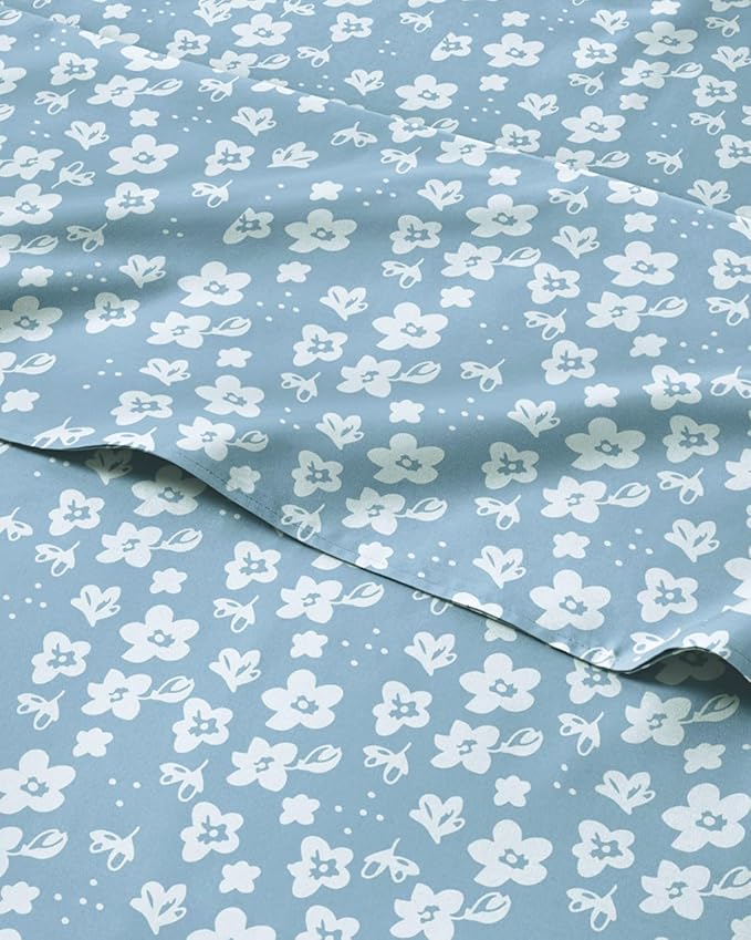 Floral Sheets - Blue Floral Bed Sheet Set - 1 Flat, 1 Fitted & 2 Pillowcases w/ Deep Pockets - Comfy, Wrinkle & Fade Free - Boho Botanical Bedding - Ultra-Soft, Breathable & Cooling - Full Size Set