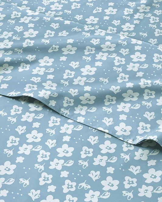 Floral Sheets - Blue Floral Bed Sheet Set - 1 Flat, 1 Fitted & 2 Pillowcases w/ Deep Pockets - Comfy, Wrinkle & Fade Free - Boho Botanical Bedding - Ultra-Soft, Breathable & Cooling - Full Size Set