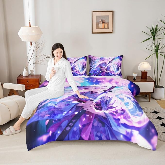 Erosebridal Anime Girl Twin Comforter Set for Kids, Kawaii Japanese Anime Bedding Set Cartoon Girl Duvet Insert Sci Fi Style Japanese Animation Quilt for Kids Girls Teens Adult Bedroom