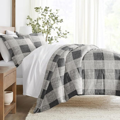 LINENS & HUTCH Comforter Set Patterned Microfiber All Season Down-Alternative Ultra Soft Bedding in Gingham - Twin/TwinXL Gingham Gray