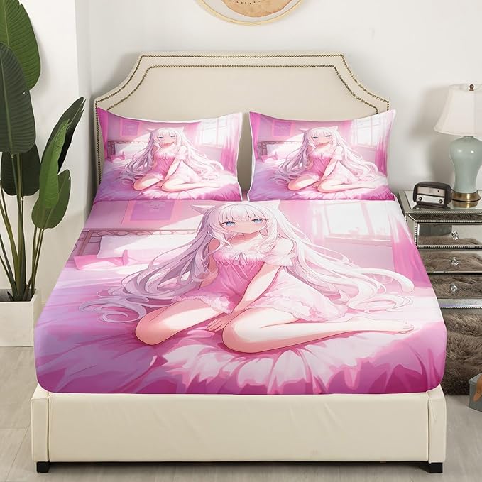 Erosebridal Queen Size Japanese Anime Fitted Sheet for Kids, Anime Girl Bedding Set Kawaii Japanese Style Bed Sheets Cartoon Japan Animation Bed Set for Boys Teen Adult Women Bedroom,Pink