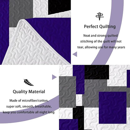 3 Piece Dark Purple Grey Quilt Set California King Size Black White Geometric Reversible Bedding Set Microfiber Lightweight Bedspread Coverlet with 2 Shams Bed Covers for All Season, 118''x106''