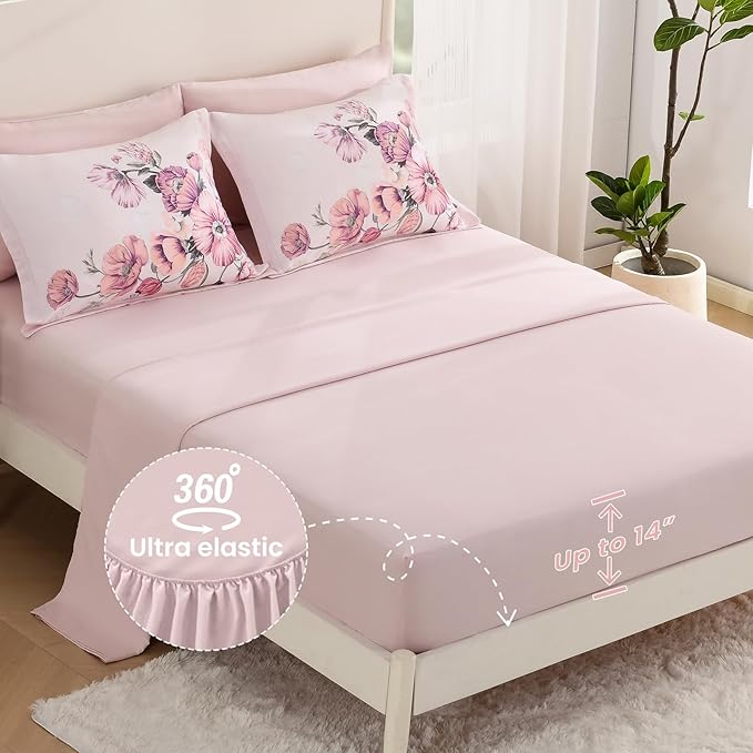 King Size Comforter Set - 7 Pieces Floral Comforter and Sheet Set, Pink King Size Bed in a Bag, Soft Microfiber Flower Complete Bedding Set for All Seasons（Pink,104"x90"）