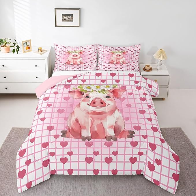 Cute Pig Bedding Set Queen, Cherry Blossoms Comforter Set For Girls Kids, Cartoon Pet Animal Duvet Set, Pink Grid Heart Pattern Lattice Quilted Duvet, Farmhouse Bedding Comforters, All Season