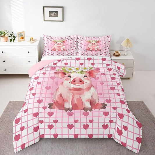 Cute Pig Bedding Set King, Cherry Blossoms Comforter Set For Girls Kids, Cartoon Pet Animal Duvet Set, Pink Grid Heart Pattern Lattice Quilted Duvet, Farmhouse Bedding Comforters, All Season