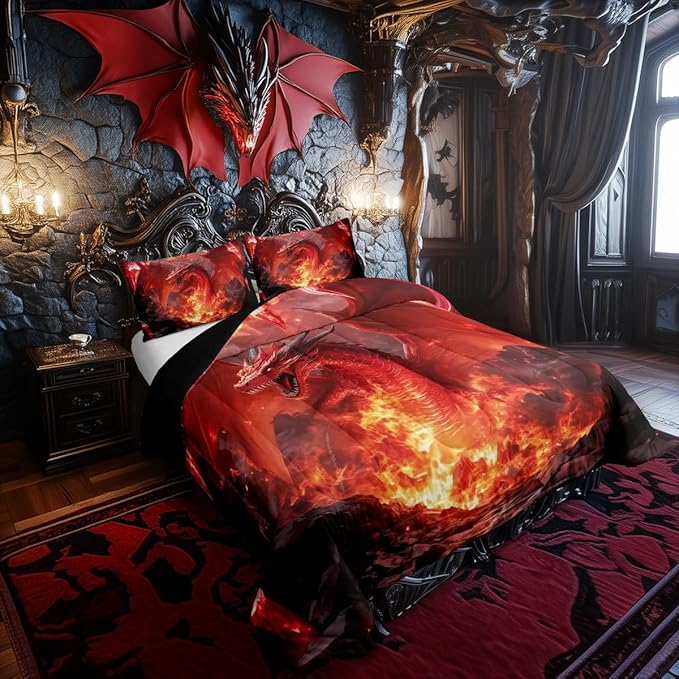 Castle Fairy Dragon Comforter Set,Glowing Flame Dragon Bedding Set for Kids Teens,Wild Animals Cool Magical Style Quilt Set,Duvet Insert 2 Pcs with 1 Pillowcase,Toddler