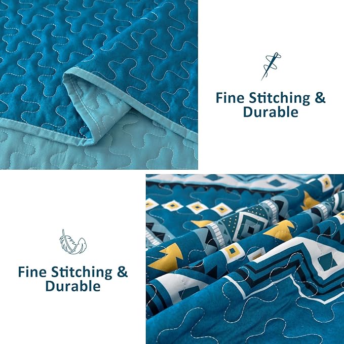 WONGS BEDDING 3 Piece Quilt Set Queen,Boho Teal Bedspread Coverlet Set with Geometry Printed for All Season,Lightweight Morden Bohemian Bedding Set 104"×90"