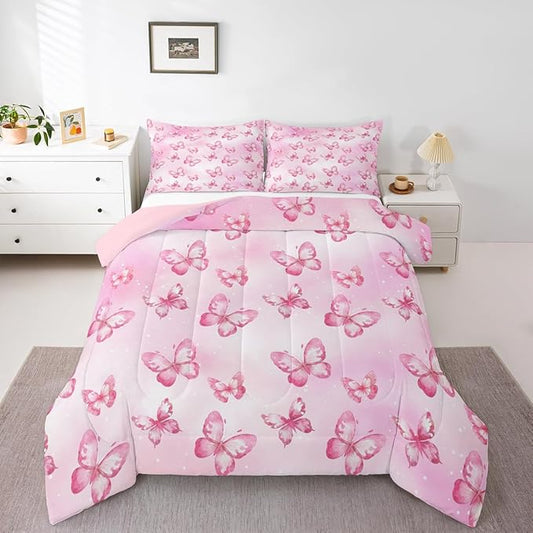 Erosebridal Pink Butterfly Comforter Set for Kids Boys Girls 3D Pink Dreamy Butterfly Bedding Colorful Ink Stick Printing Duvet Set All Season Microfiber Comforter Queen with 2 Pillowcases