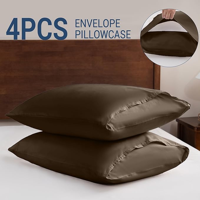 Pillowcases Standard 4 Pack, 20x26 Pillow Cases with Envelope Closure, Soft Plain Brushed Microfiber Covers Breathable Wrinkle-Resistant, Brown