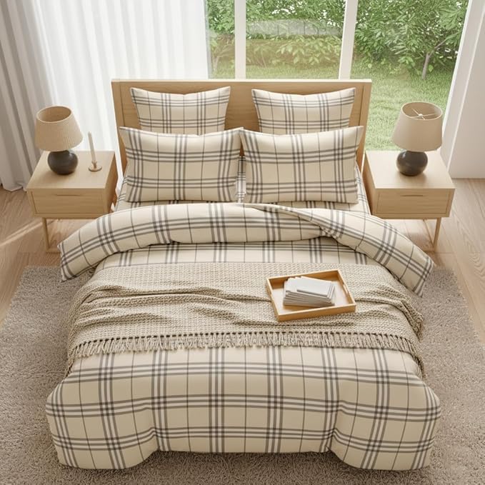 Nayoroom Plaid Duvet Cover Queen Size Vintage Tan Cream Gingham Checkered Duvet Cover Dorm Bedding Set 3 Pieces Soft Lightweight Microfiber Farmhouse Bedding Set Gifts for Women Men
