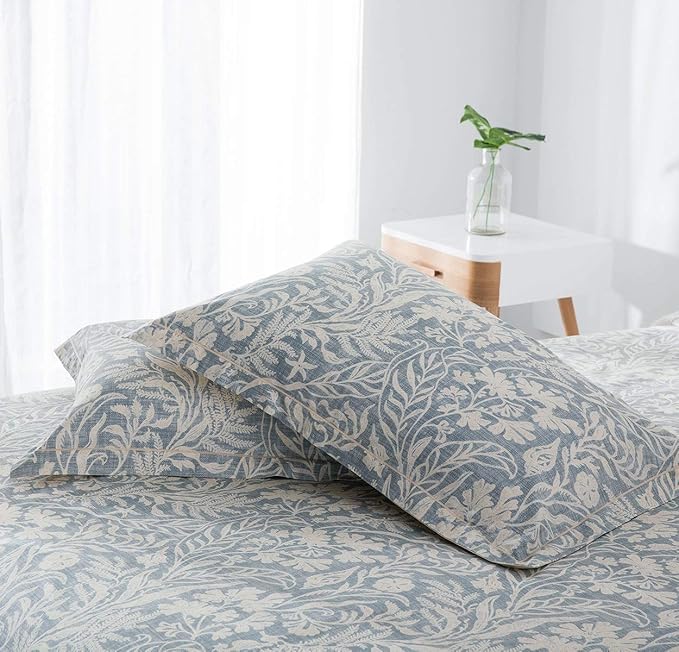 SLEEPBELLA Duvet Cover Queen Size, 600 Thread Count Cotton Beige & Bluish Grey Printed with Luxurious Leaves Pattern Reversible Botanical Comforter Cover Sets, Bedding Set 3Pcs (Queen, Beige Paisley)