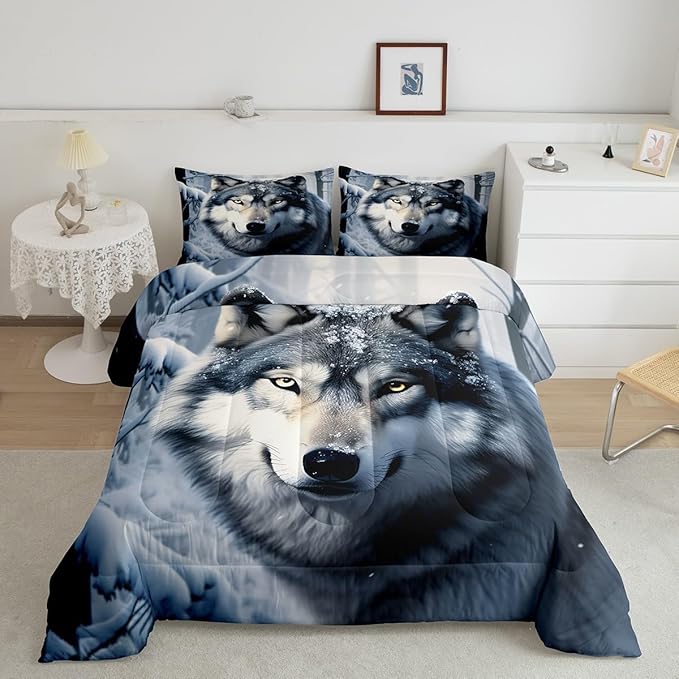Castle Fairy Wolf Comforter Set Twin Size,Nature Wild Animals Quilt Set 2pcs,3D Print Winter Snow View Bedding Set for Kids Teens Adults Home Decor,White Black Microfiber with 1 Pillowcase